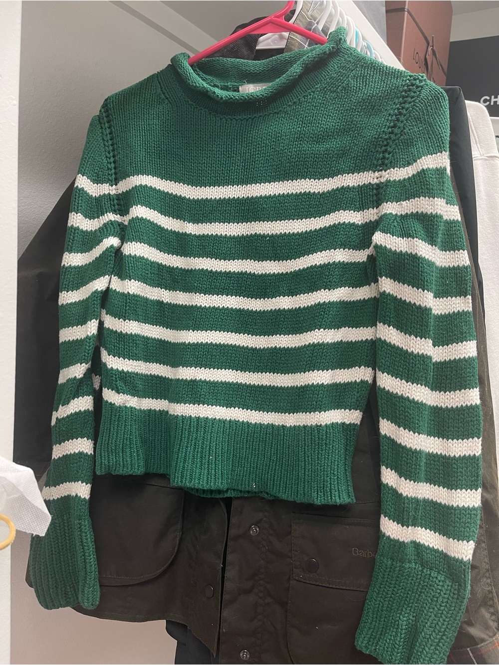J. Crew Green and White Striped Knit Crewneck Sweater